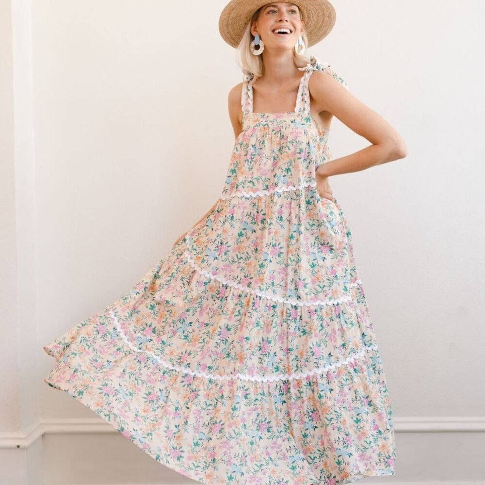 NWT Sunshine Tienda Flor Coconut 100% cotton maxi dress Small Beige Floral Boho